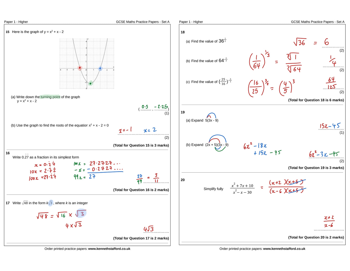 3 x GCSE Maths Exam Practice Papers - Set A. Higher Tier.