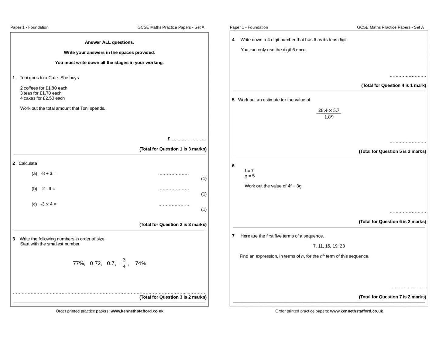 3 x GCSE Maths Exam Practice Papers - Set A. Foundation Tier.